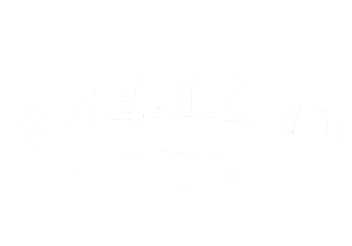 Valkoinen logo vaaleanharmaalla pohjalla, jossa on sana Rugantino kaarevalla, lihavoidulla fontilla tyyliteltyjen viiksien ja kahden vaakasuoran viivan yläpuolella.