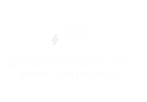 Valkoinen logo, jossa on yksinkertainen polkupyöräkuvake, jossa on salama ja teksti SÄHKÖPYÖRÄT.NET, jonka alapuolella on pienempi teksti Myynti | Osto | Vuokraus vaaleanharmaalla pohjalla.