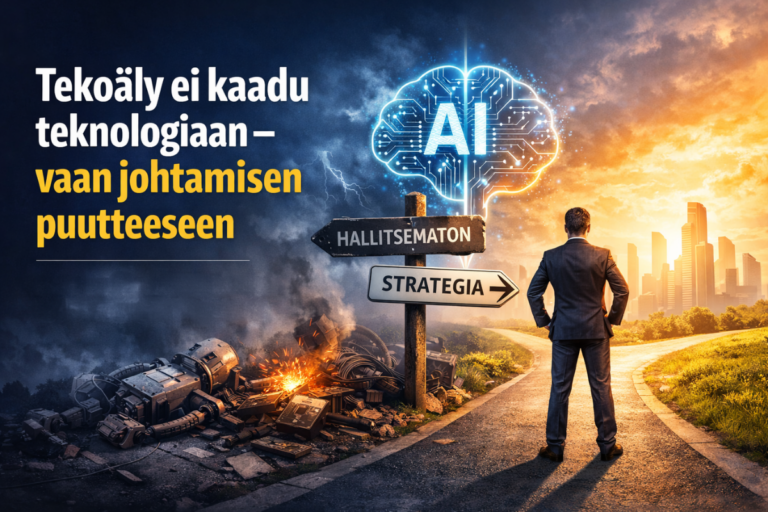 Pukumies seisoo tienhaarassa raunioituneen, pimeän kaupungin ja valoisan, modernin Teslanin kaupungin välillä. Kyltissä lukee HALLITSEMATON ja STRATEGIA. Yläpuolella leijuu hehkuva tekoälyaivo. Suomenkielinen teksti käsittelee tekoälyä ja johtajuutta.