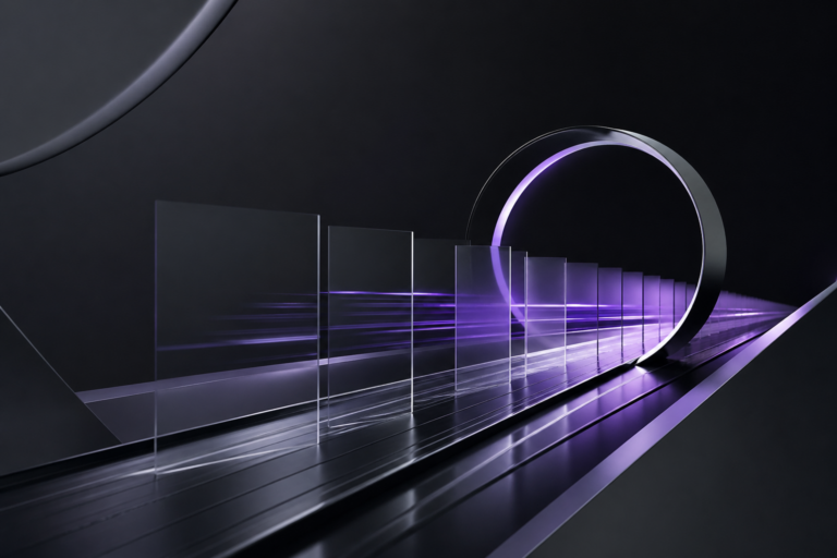 Futuristinen kohtaus, jossa läpinäkyvät lasipaneelit ovat linjassa kiiltävän mustan pinnan kanssa ja leikkaavat hehkuvan violetin renkaan. Paneelit heijastavat violettia valoa, mikä tuo mieleen tekoälyyn perustuvan liikkeen ja syvyyden tummassa abstraktissa ympäristössä.
