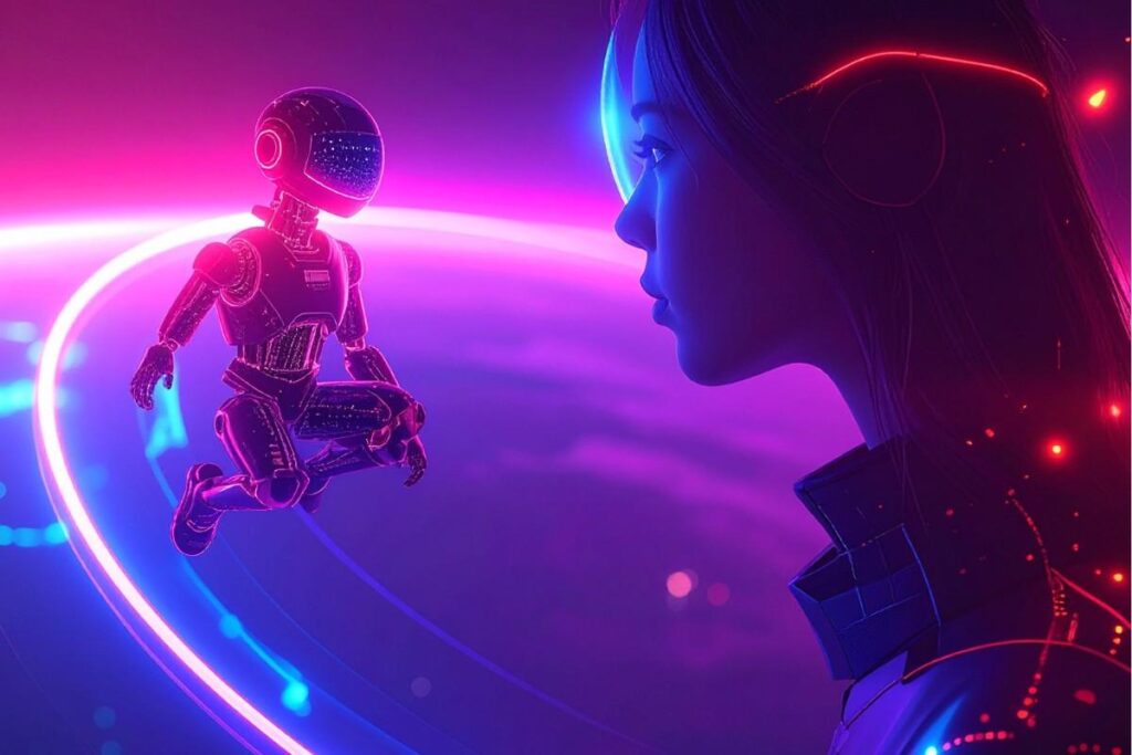 Futuristinen kohtaus, jossa pieni, hehkuva robotti leijuu ihmishahmon kasvojen edessä, ja molempia valaisevat eloisat vaaleanpunaiset ja violetit neonvalot tummaa, kosmista taustaa vasten.