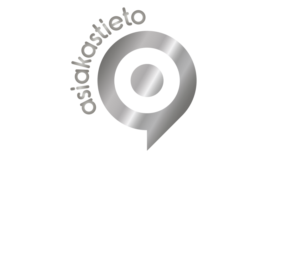 Hopeinen pyöreä logo, jossa lukee ”asiakastieto”. Sen alla on teksti: SUOMEN VAHVIMMAT HOPEA Uhma Oy FI08724943 | 2026. Valkoinen tausta.