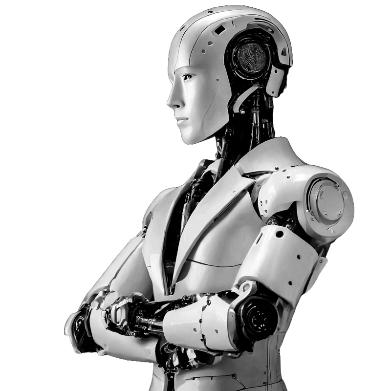 Puvussa oleva humanoidirobotti seisoo kädet ristissä ja katsoo vasemmalle. Robotilla on tyylikäs, metallinen ulkonäkö ja rauhallinen, keskittynyt ilme.