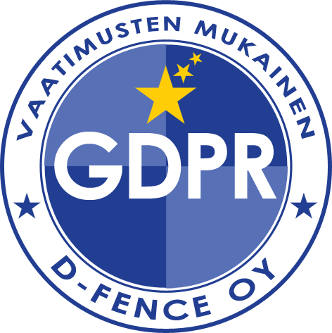 Pyöreä sininen GDPR-merkki, jossa on kolme kultaista tähteä sekä teksti VAATIMUSTEN MUKAINEN ja D-FENCE OY, mikä osoittaa tietosuojaselosteen vaatimusten noudattamisen.