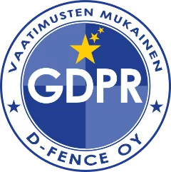 Pyöreä sininen GDPR-merkki, jossa on kolme kultaista tähteä sekä teksti VAATIMUSTEN MUKAINEN ja D-FENCE OY, mikä osoittaa tietosuojaselosteen vaatimusten noudattamisen.