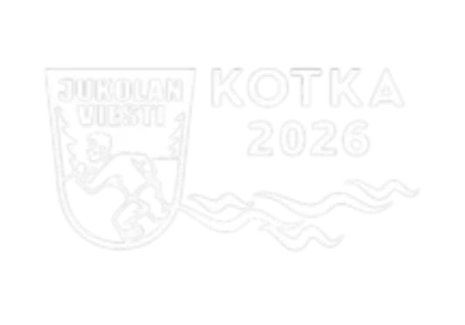 Logo, jossa teksti Jukolan Viesti ja KOTKA 2026. Logossa on juokseva hahmo harjanteen sisällä, ja kolme aaltomaista viivaa ulottuu oikealle.