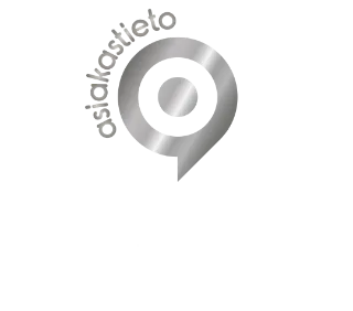 Hopeinen pyöreä logo, jossa lukee ”asiakastieto”. Sen alla on teksti: SUOMEN VAHVIMMAT HOPEA Uhma Oy FI08724943 | 2026. Valkoinen tausta.