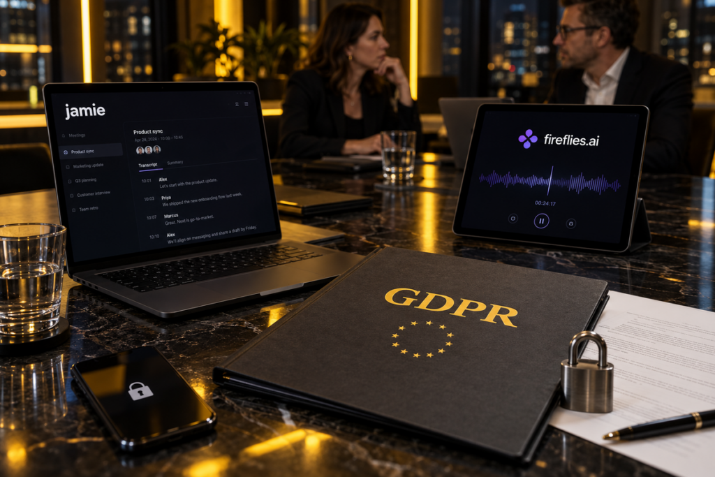 Kokouspöydällä on kannettava tietokone, jonka näytöllä näkyy Jamien kokouspöytäkirja, tabletti, jossa näkyy Fireflies.ai-logo ja ääniaalto, sekä kansio, jossa lukee GDPR. Taustalla näkyy kaksi henkilöä.